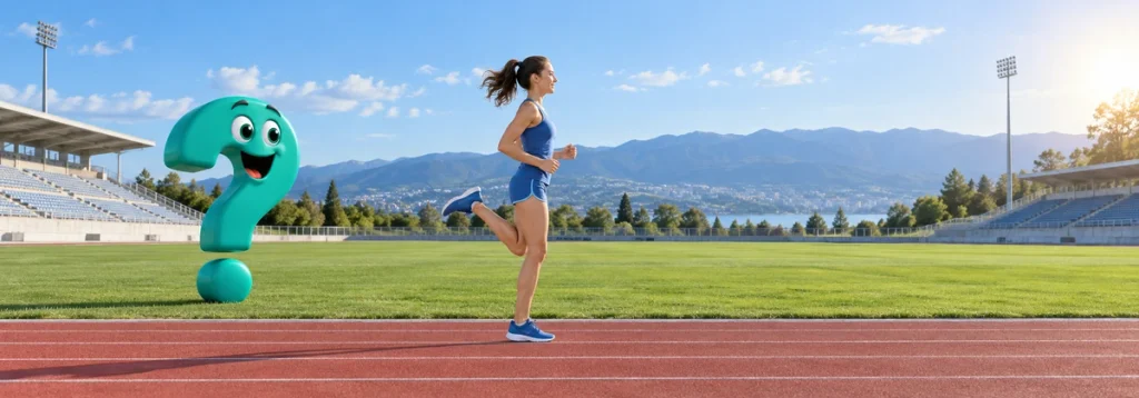 Sportlerin beim kontrollierten Anfersen auf einer Laufbahn neben einem grünen Fragezeichen.