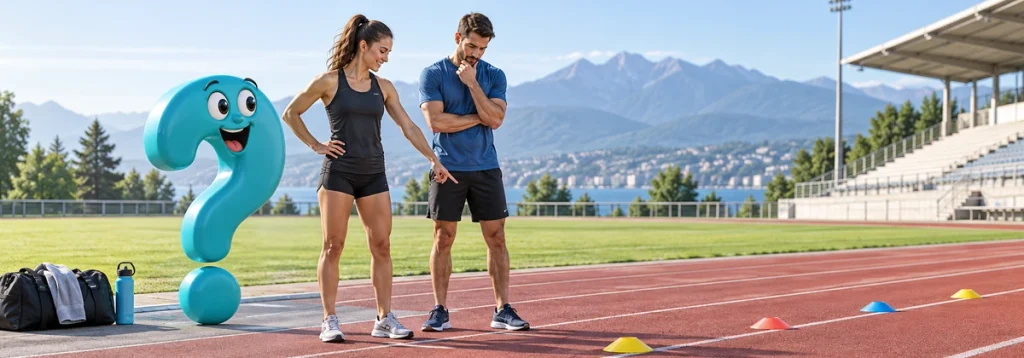 Zwei Sportler planen eine Lauf ABC Übungsstrecke mit flachen Markierungen neben einem türkisfarbenen Fragezeichen.