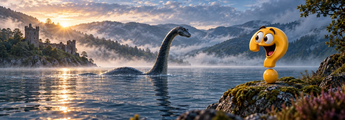 Künstlerische Darstellung von Nessie im Loch Ness mit Burgruine und gelbem Question-King-Fragezeichen