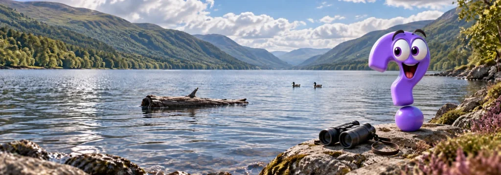 Violettes Question-King-Fragezeichen am Loch Ness mit Fernglas, schwimmendem Baumstamm und zwei Wasservögeln