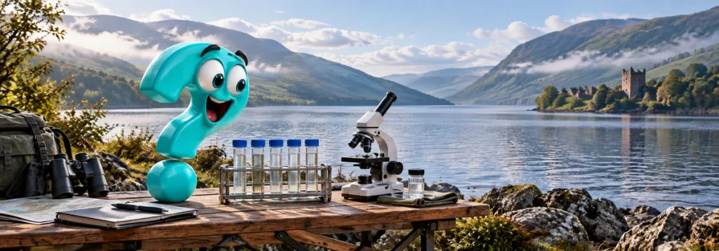 Türkisfarbenes Question-King-Fragezeichen neben Wasserproben und einem Mikroskop am Loch Ness