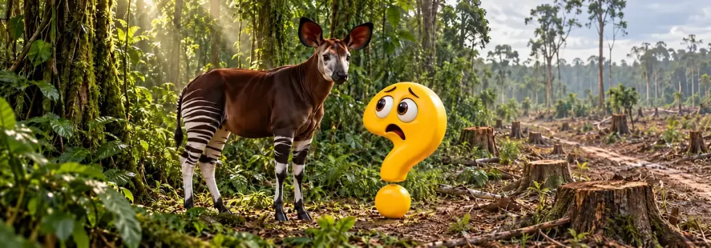 Okapi und besorgtes gelbes Fragezeichen zwischen Regenwald und abgeholzter Fläche