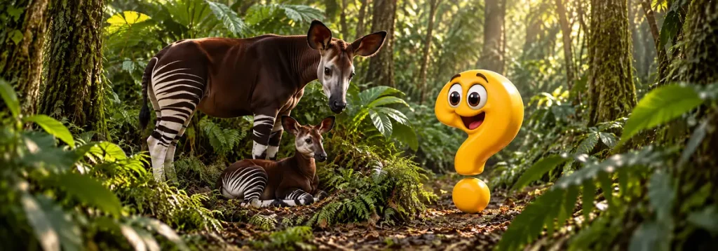 Okapi-Mutter mit verstecktem Jungtier und sanft blickendem gelben Fragezeichen im Regenwald