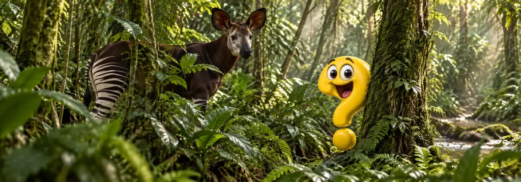 Gut getarntes Okapi mit gelbem Fragezeichen im dichten Regenwald