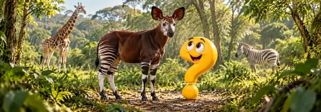 Okapi mit Giraffe, Zebra und neugierigem gelben Fragezeichen im Hintergrund