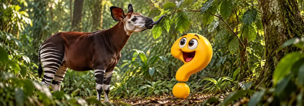 Okapi greift mit langer dunkler Zunge nach Blättern neben einem staunenden gelben Fragezeichen