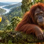 Orang-Utan mit neugierigem Blick auf einem moosigen Regenwaldast neben dem gelben Question-King-Fragezeichen.