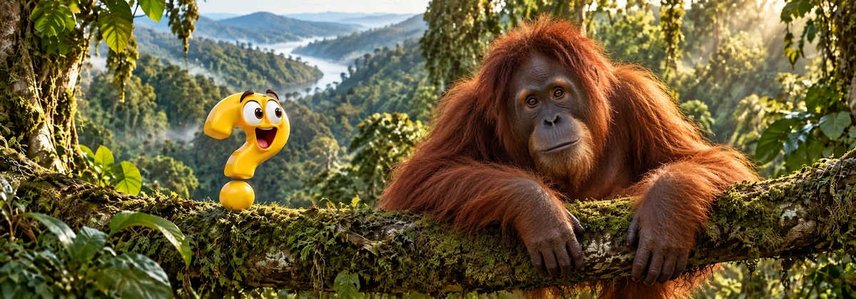 Orang-Utan mit neugierigem Blick auf einem moosigen Regenwaldast neben dem gelben Question-King-Fragezeichen.