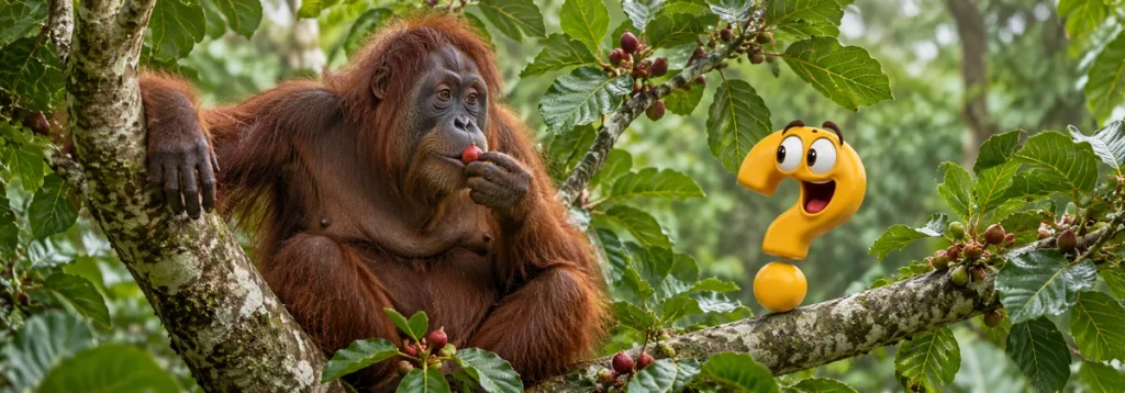 Orang-Utan-Weibchen frisst eine Feige im Blätterdach neben dem gelben Question-King-Fragezeichen