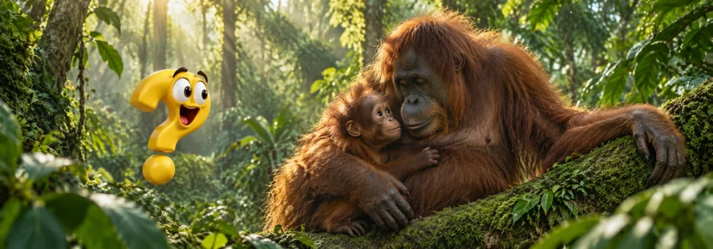 Orang-Utan-Mutter mit angeklammertem Jungtier auf einem Regenwaldast und gelbem Question-King-Fragezeichen