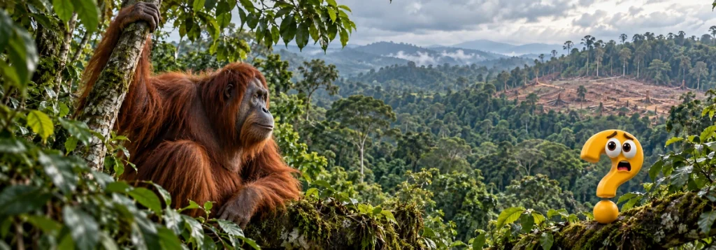Orang-Utan im Regenwald vor einer gerodeten Waldfläche, daneben ein besorgtes gelbes Question-King-Fragezeichen