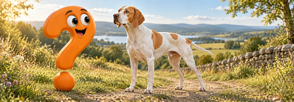 Weißer English Pointer mit orangefarbenen Flecken steht auf einem Wiesenweg neben einem orangefarbenen Fragezeichen.