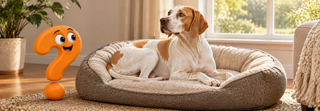 English Pointer ruht in einem großen Hundebett am Fenster neben einem orangefarbenen Fragezeichen.