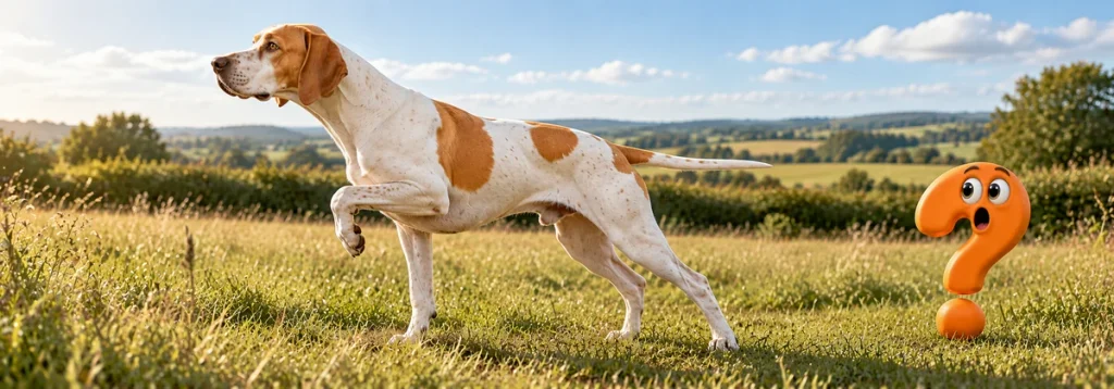English Pointer steht mit angehobener Vorderpfote und waagerechter Rute auf einer Wiese vor, daneben ein staunendes orangefarbenes Fragezeichen.