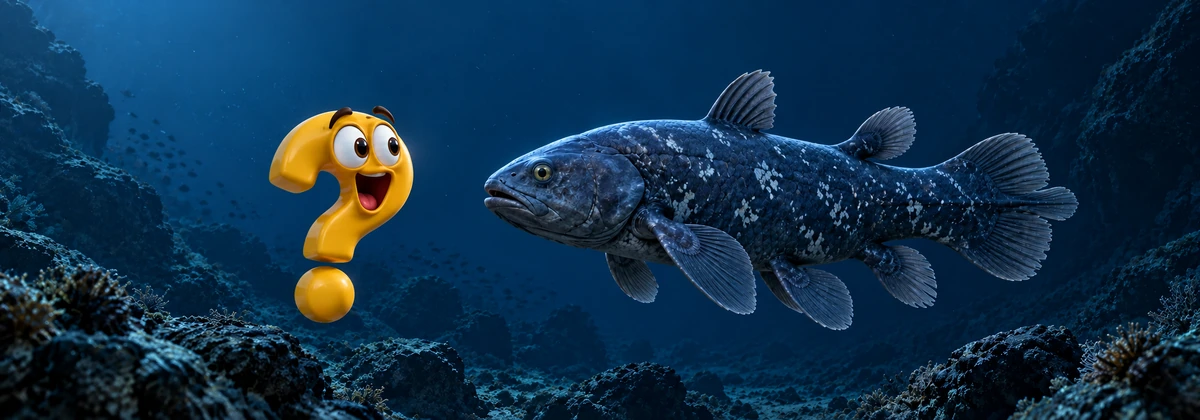 Ein blaugrauer Quastenflosser schwimmt neben dem staunenden Question-King-Fragezeichen im Meer.