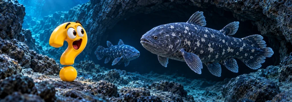 Quastenflosser ruhen in einer felsigen Unterwasserhöhle, während das Question-King-Fragezeichen sie beobachtet.