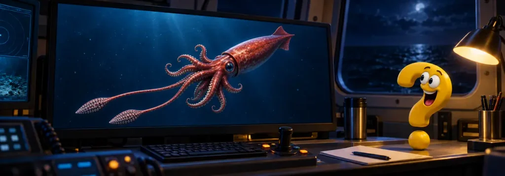 Gelbes Question-King-Fragezeichen betrachtet einen Riesenkalmar auf dem Monitor eines Forschungsraums.