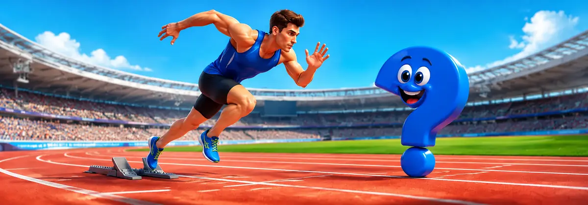 Schneller sprinten: Sprinter startet kraftvoll aus dem Startblock, während das blaue Question-King-Fragezeichen zusieht.
