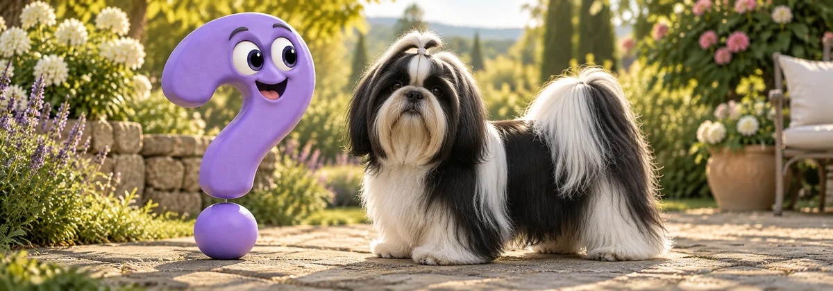 Schwarz-weißer Shih Tzu mit langem Fell neben einem violetten Fragezeichen im Garten