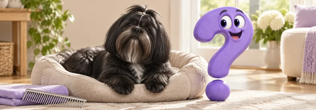 Überwiegend schwarzer Shih Tzu mit weißem Brustfleck im Hundebett neben einem violetten Fragezeichen, Kamm und Tüchern. 