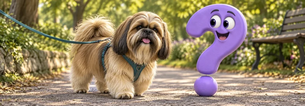 Goldfarbener Shih Tzu mit dunkler Gesichtsmaske und Brustgeschirr auf einem schattigen Weg neben einem violetten Fragezeichen.