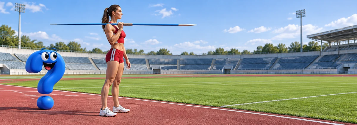 Speerwurf: Sportlerin am Anlauf mit einem Speer und blauem Fragezeichen-Maskottchen.