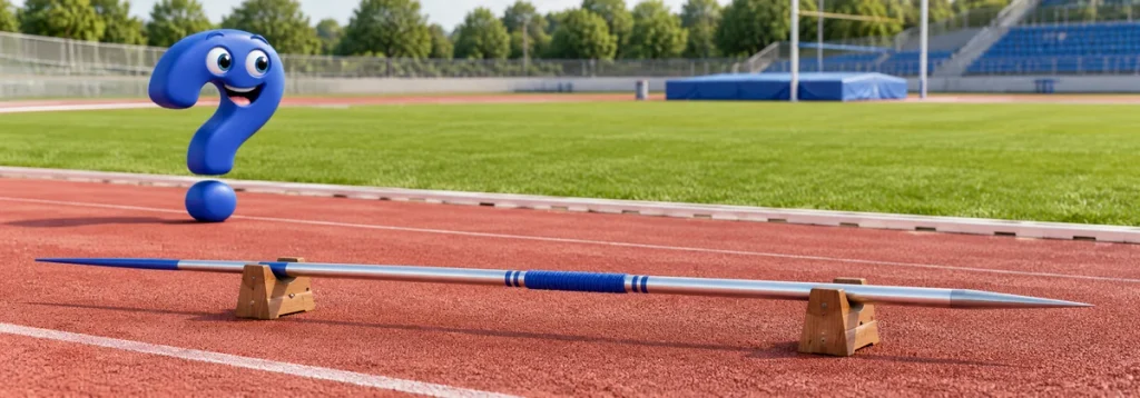 Wettkampfspeer mit umwickelter Griffzone liegt auf zwei Ablagen am Sportplatz.