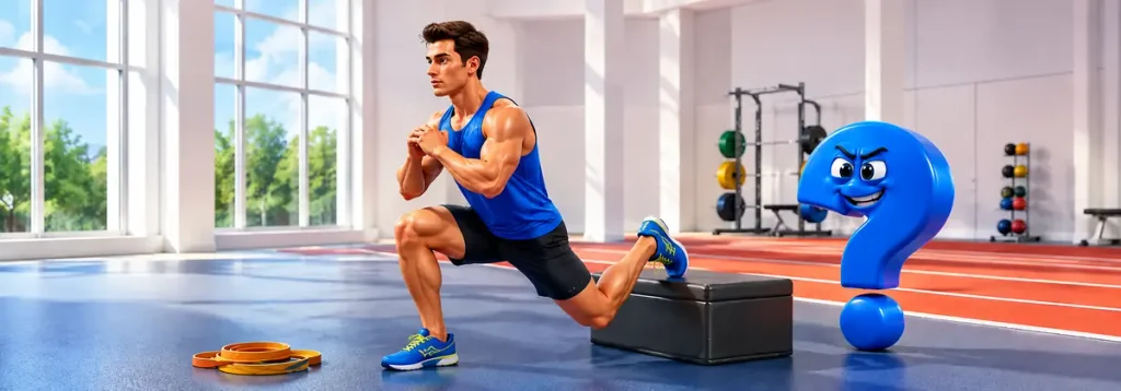 Sportler macht einen Split Squat, begleitet vom blauen Question-King-Fragezeichen.