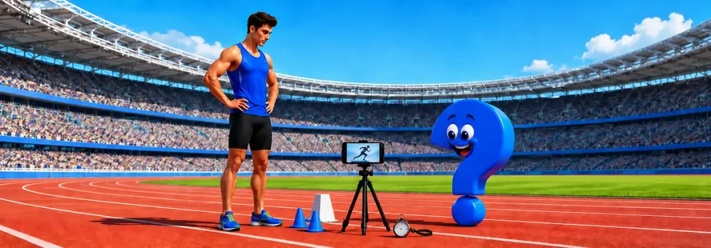 Sprinter wertet zwischen zwei Läufen eine Videoaufnahme aus, während das blaue Question-King-Fragezeichen zusieht.
