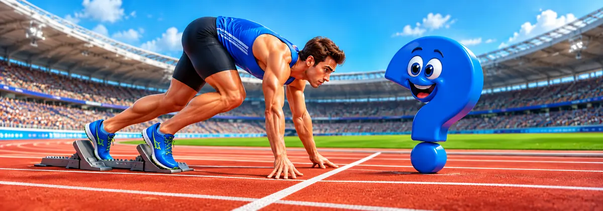 Sprintstart: Leichtathlet im Tiefstart aus dem Startblock neben dem blauen Question-King-Fragezeichen