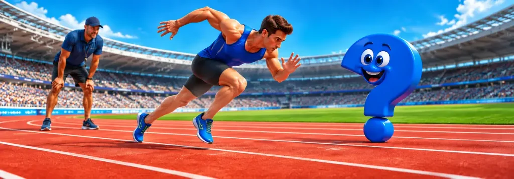 Athlet übt einen Start ohne Block unter Beobachtung eines Trainers und des Fragezeichens