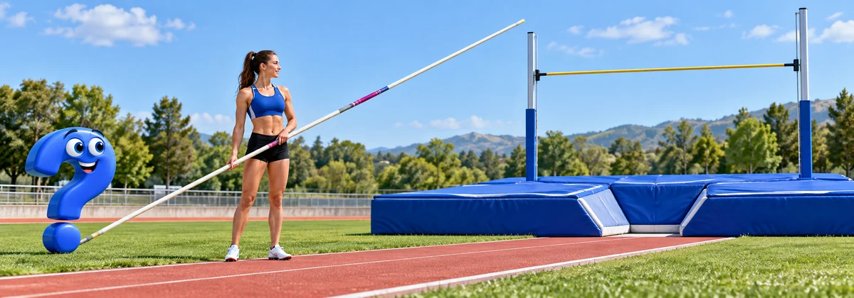 Sportlerin trägt ihren Stab zur Stabhochsprung Anlage mit großer Landematte.