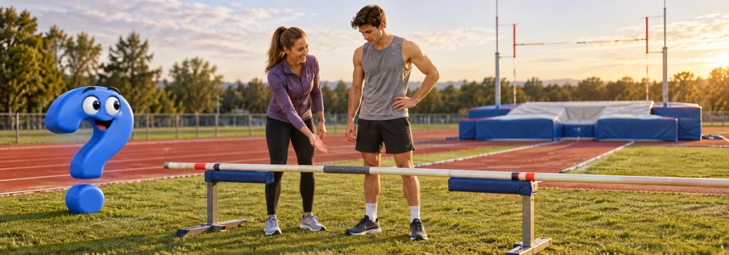 Trainerin und Sportler besprechen am Sportplatz einen Stab für den Stabhochsprung.
