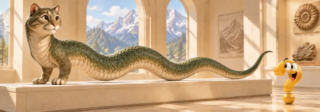 Illustration eines grünen Tatzelwurms mit Katzenkopf und zwei Vorderbeinen neben dem gelben Question-King-Fragezeichen.