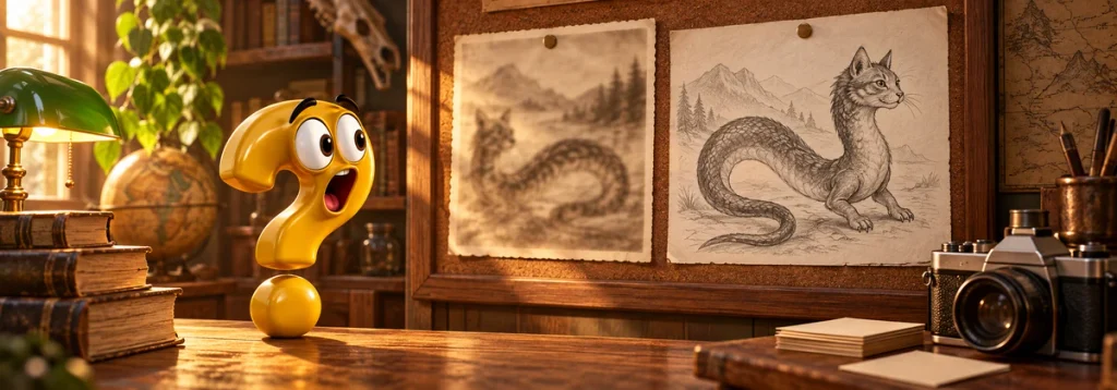 Gelbes Question-King-Fragezeichen vor zwei erfundenen Tatzelwurm-Darstellungen in einem Archivzimmer mit alter Kamera.