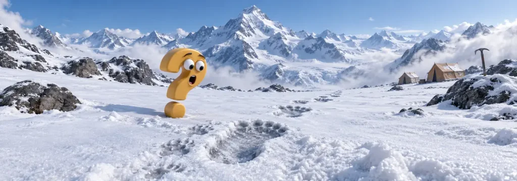 Question-King-Fragezeichen neben großen Yeti-Fußspuren im Schnee des Himalaya