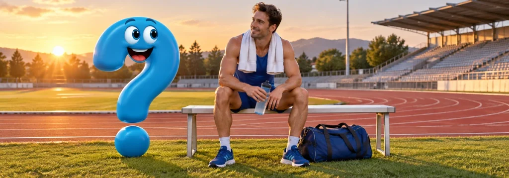 Zehnkämpfer mit Wasserflasche und Sporttasche neben einem blauen Fragezeichen im Stadion.