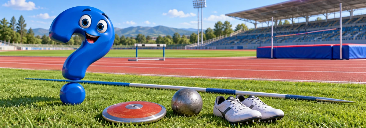 Ausstattung für den Zehnkampf: Diskus, Kugel, Speer und Spikes im Stadion neben einem blauen Fragezeichen.