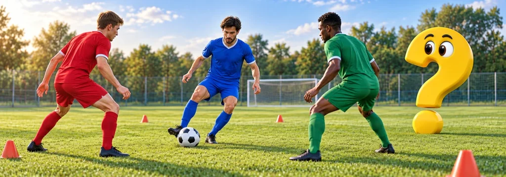 Drei Fußballspieler trainieren mit versetzten Positionen um einen Ball
