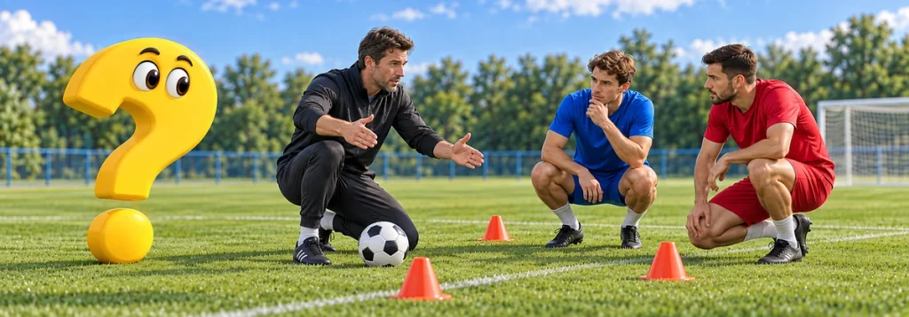 Trainer erklärt zwei Mittelfeldspielern den passenden Winkel beim Zustellen eines Passwegs