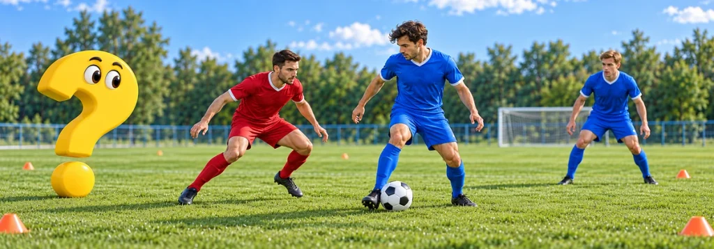 Ein roter Verteidiger setzt einen ballführenden blauen Fußballspieler unter Druck, ein Mitspieler bietet sich dahinter an