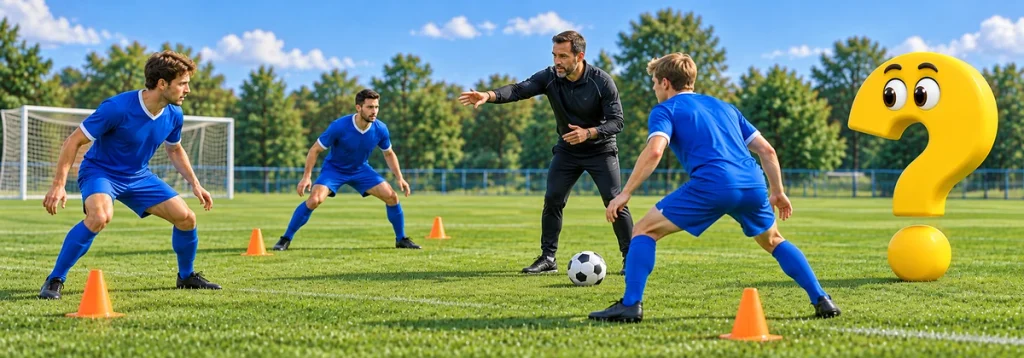 Trainer und drei Verteidiger üben die Abstände der Absicherung zwischen Hütchen