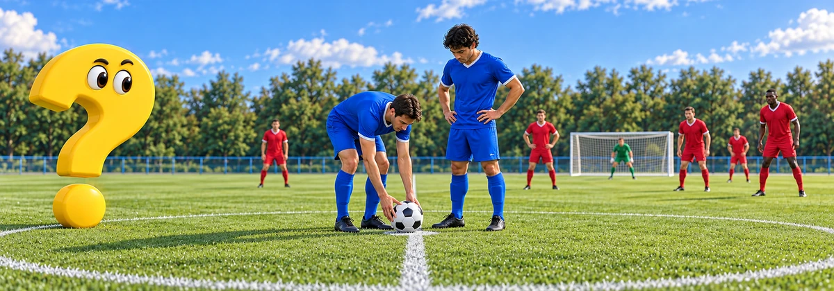 Anstoß im Fußball: Zwei Mitspieler bereiten die Ausführung am Mittelpunkt vor