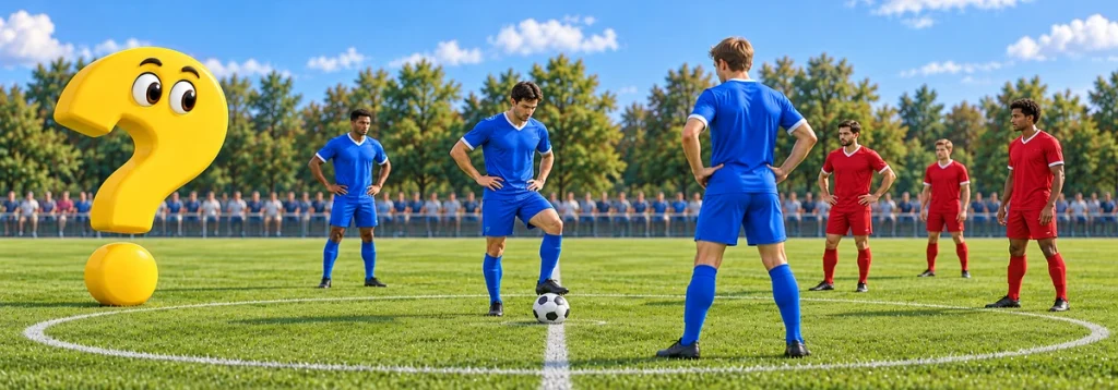 Spieler bereiten nach einem Tor den nächsten Anstoß am Mittelpunkt vor
