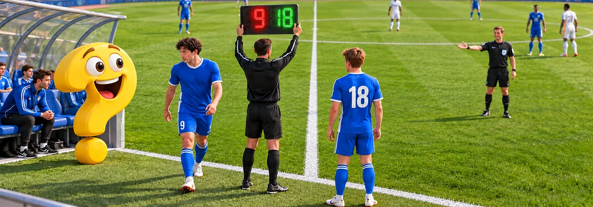 Auswechselspieler Nummer 18 wartet an der Mittellinie, während Nummer 9 das Fußballfeld verlässt und ein gelbes Fragezeichen zusieht.