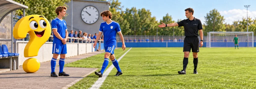 Ein Auswechselspieler wartet außerhalb der Seitenlinie, während sein Mitspieler den Platz verlässt und der Schiedsrichter den Wechsel begleitet.