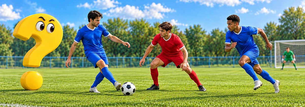 Doppelpass im Fußball: Zwei Angreifer bereiten eine Kombination gegen einen Verteidiger vor