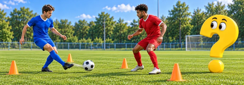 Zwei Fußballspieler üben kurze Pässe zwischen Markierungen