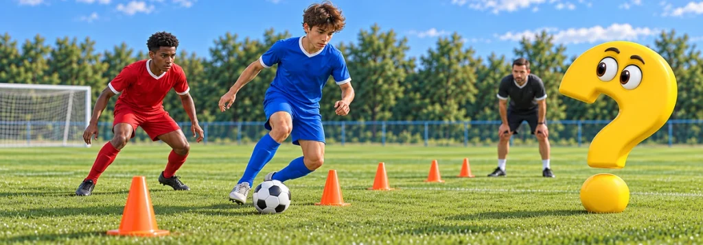 Junger Fußballspieler übt Ballführung an Hütchen vor einem Gegenspieler