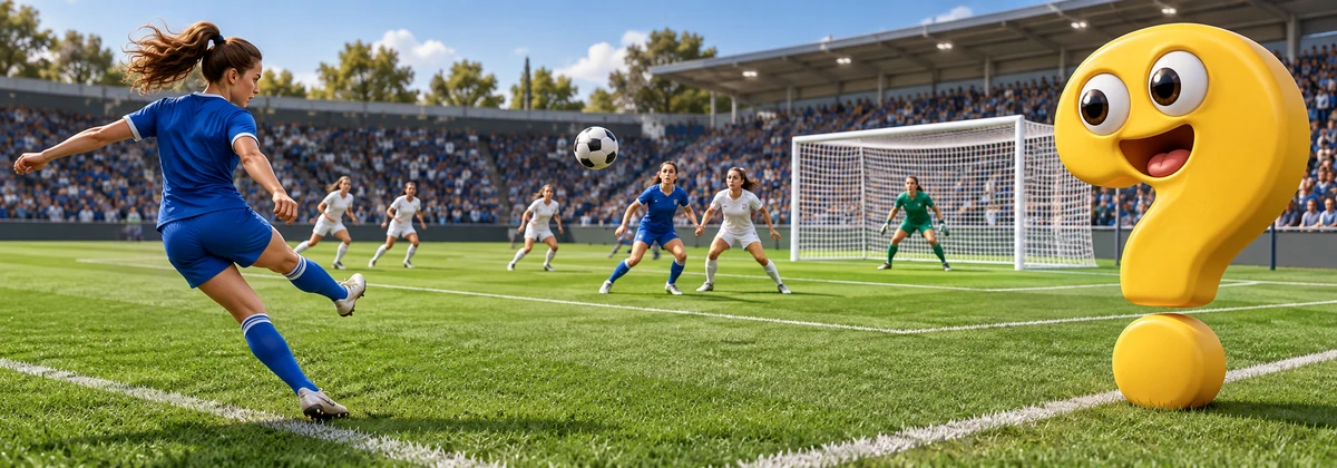 Fußballspielerin schlägt eine hohe Flanke in den Strafraum, begleitet vom gelben Question-King-Fragezeichen.